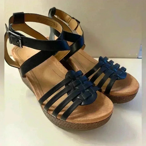 Vionic Clarisa Raffia Wedge Sandals Concealed Ortho Size 9 Black Leather - Picture 6 of 11